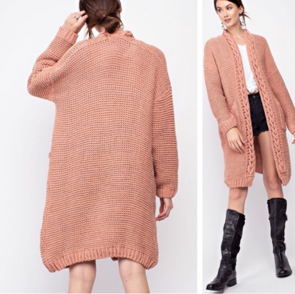Tricia Relaxed Open Front Long Line Braided Knit Cardi Peach Sweater Sm-Md NWT - Picture 4 of 14